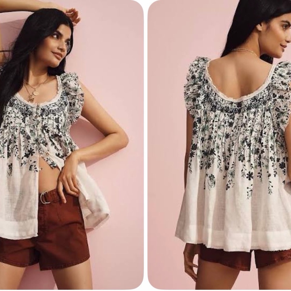ANTHROPOLOGIE LINEN PINTUCK SWIN TUNIC BLOUSE SIZE S WHITE & GREEN NWT